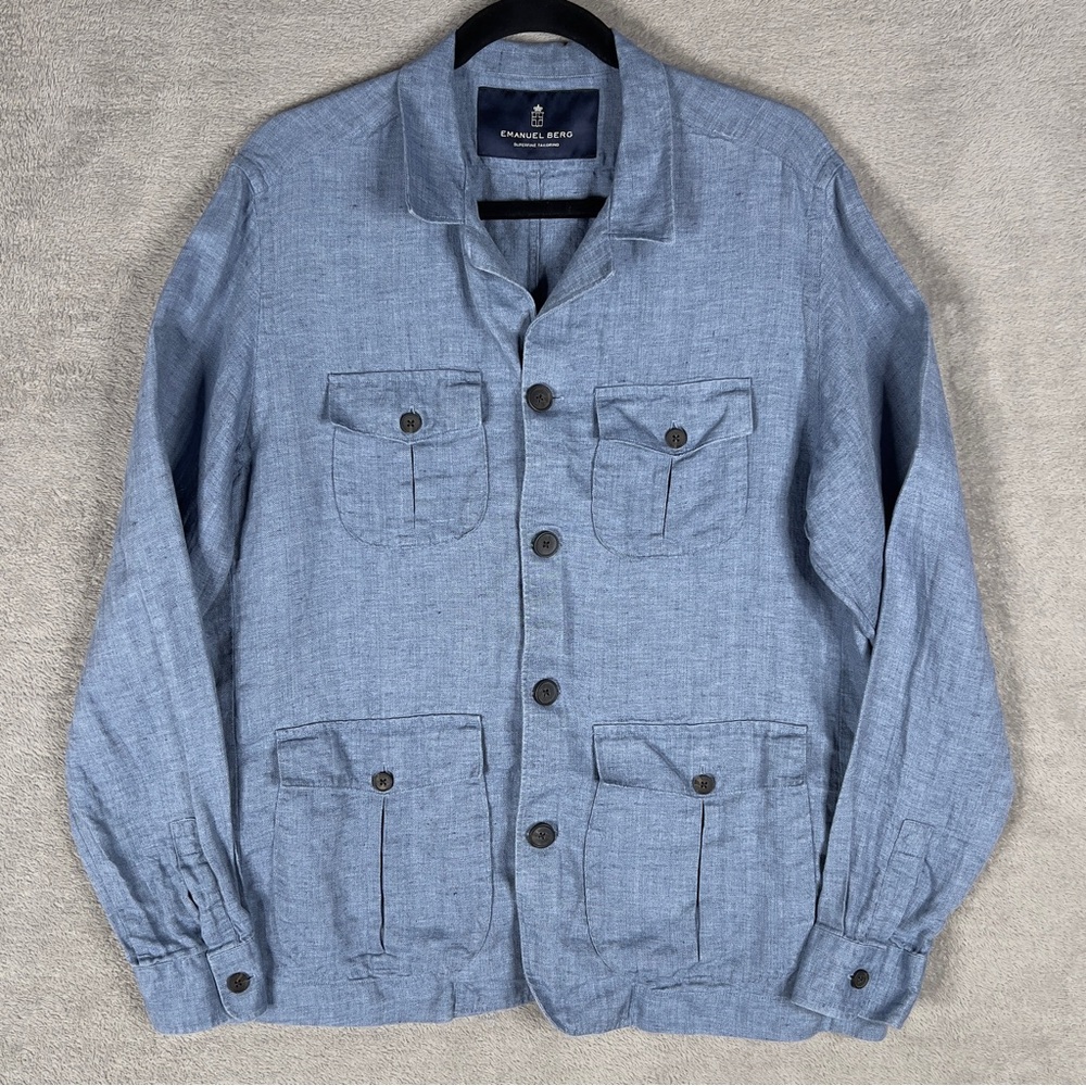 Emanuel Berg 100% Linen Ryan Overshirt‎ Men's 54 Blue Pockets Shirt Jacket